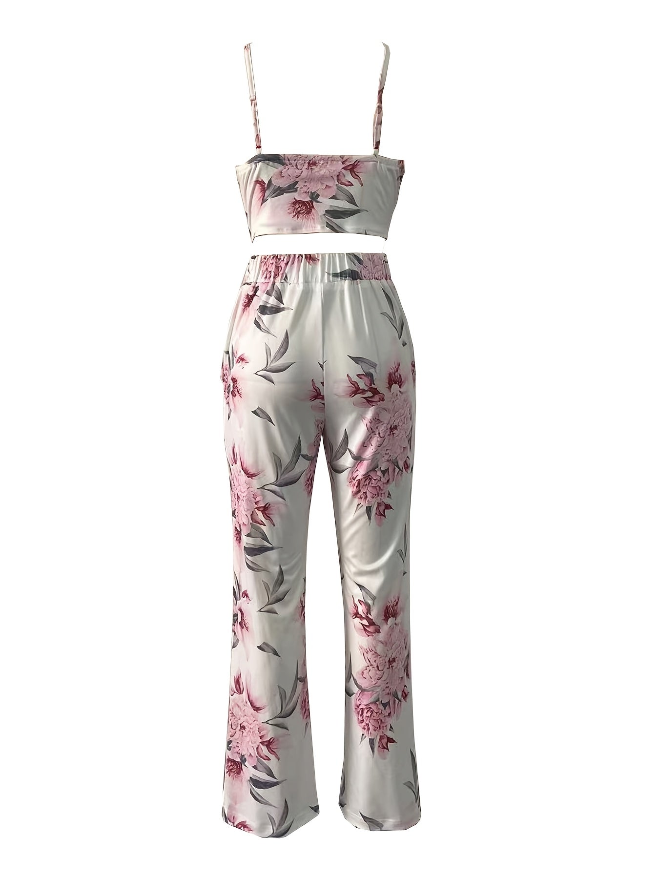 2pcs Women's Elegant Floral Print Halter Top and Pants Set